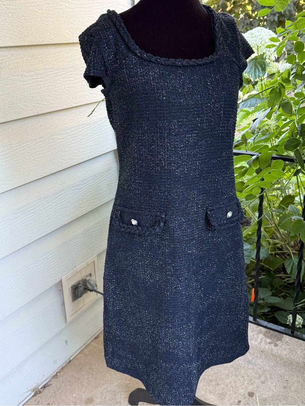 Isaac Mizrahi New York Blue & Silver Metallic Tweed Shift Dress Size S